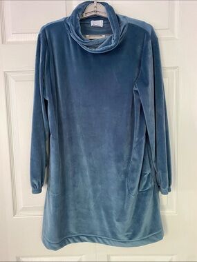 Softies Dress 35" Feather Velour Funnel Neck Lounger Dress Blue Velvet Blue L